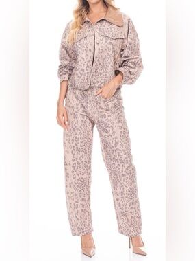 Galita Quilted Leopard Print Barrel Leg Pants Outfit Set- Women's Large, NEW